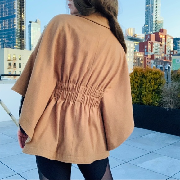 Aqua Camel Wool Bat Wing Ruffled Pea Coat Poncho - Picture 10 of 16